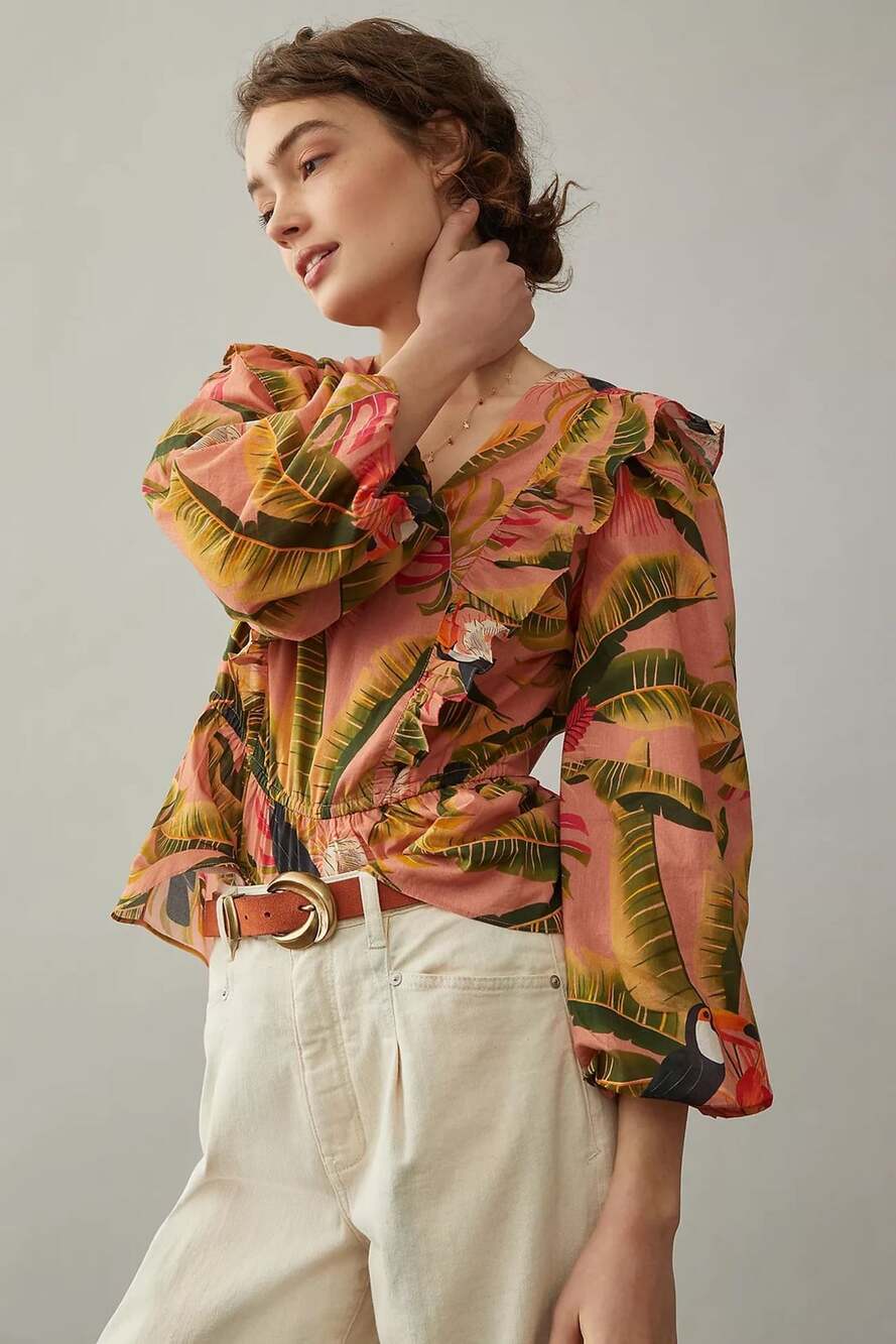 Farm Rio for Anthropologie Yasmine Ruffled Blouse Size XS Pink Toucan